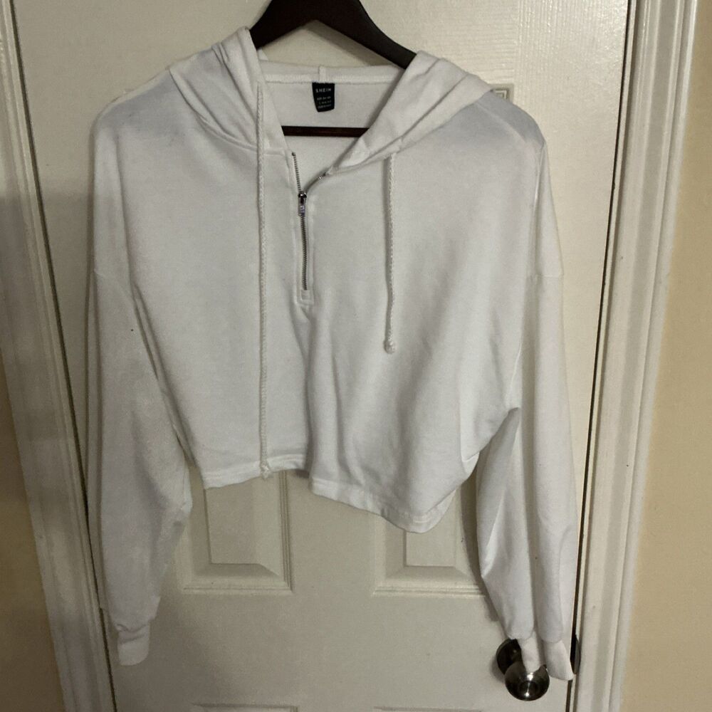 SHEIN Women's White Half Zip Hoodie Sweatshirt L Hooded Pockets